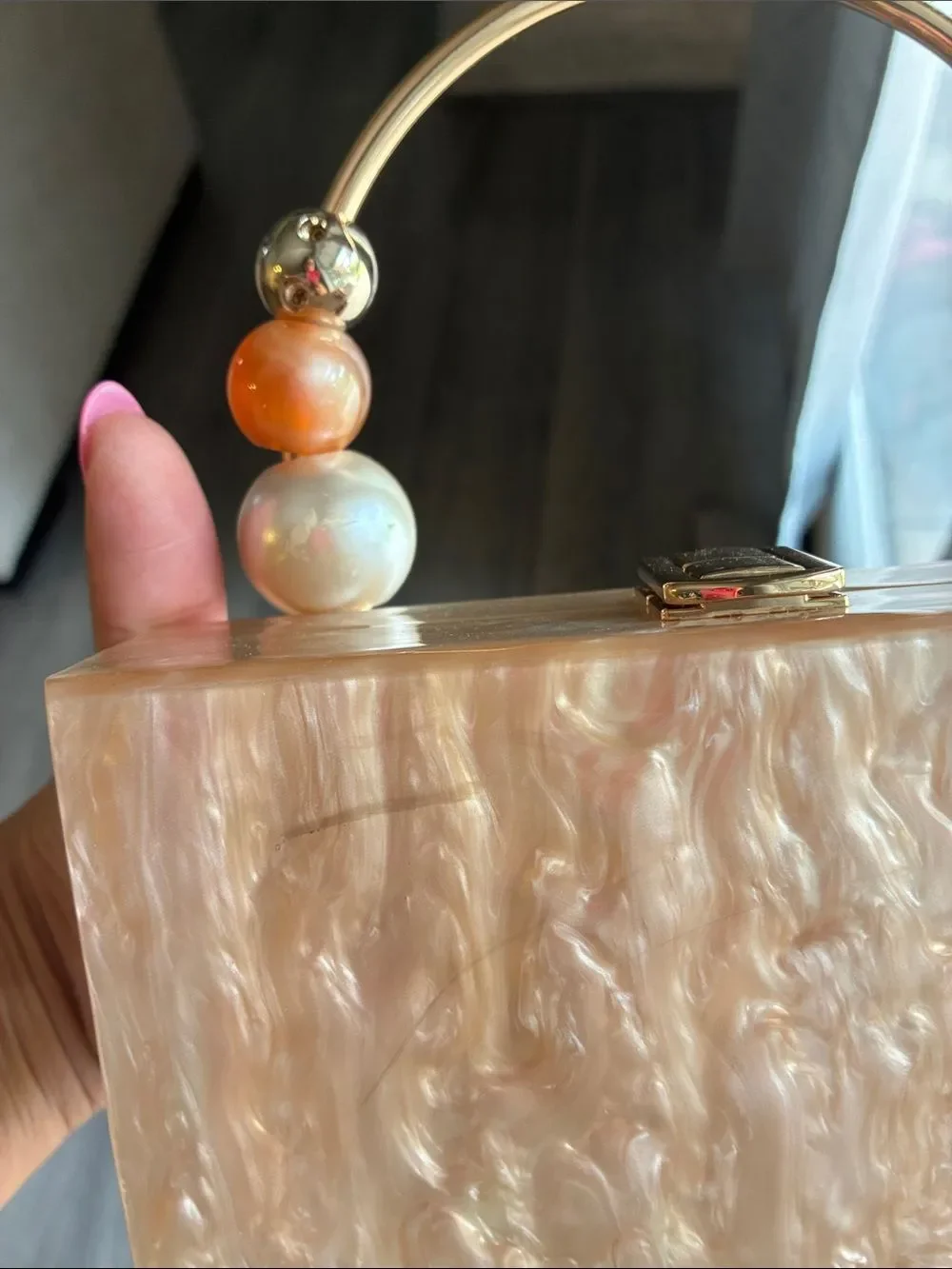 Lulu's Pearlescent Pink Acrylic Box Clutch with Gold Ring Handle